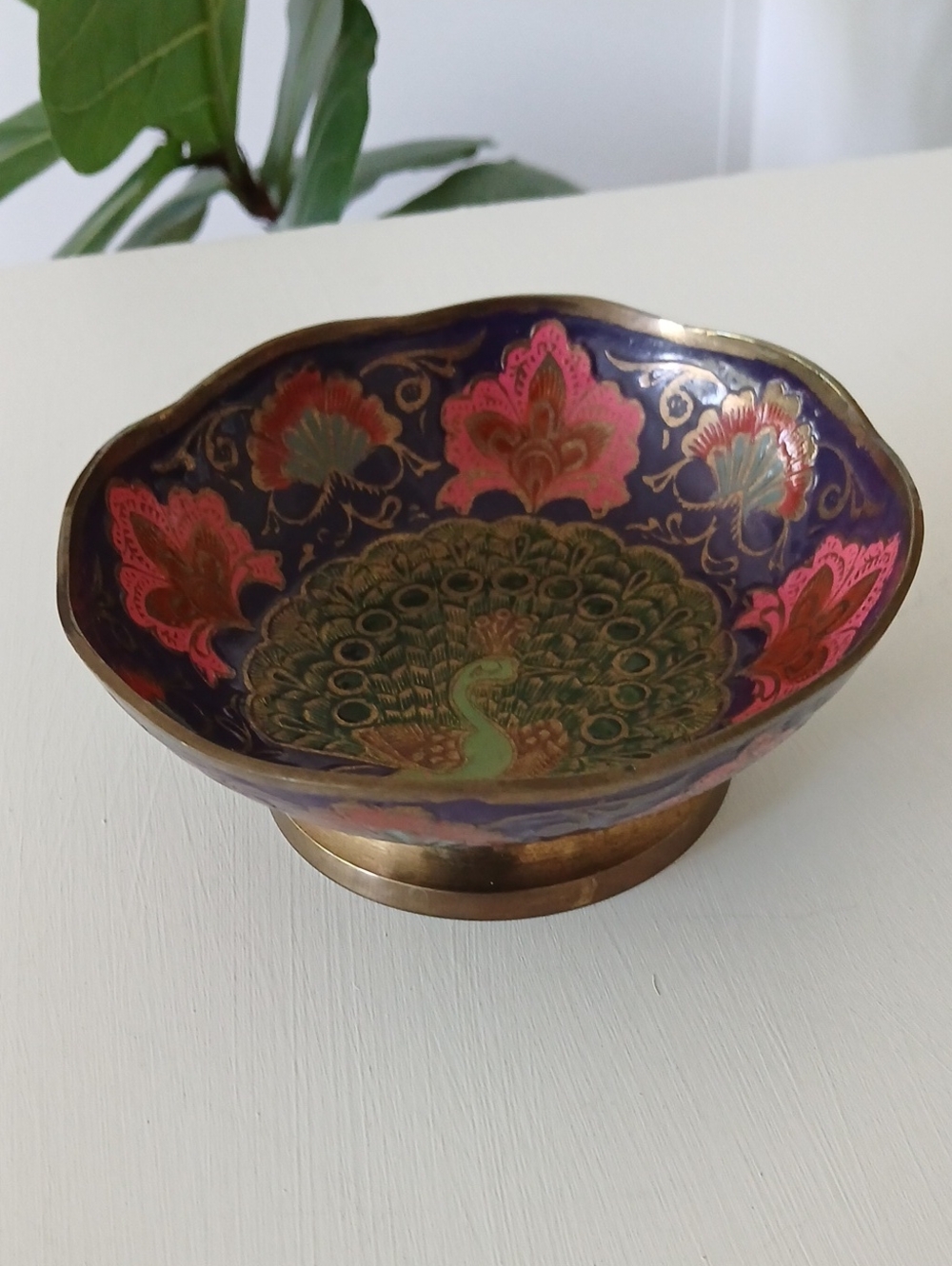 Vintage Brass Pedestal Bowl Handpainted Cloisonne-style Enamel Peacock Design 5"